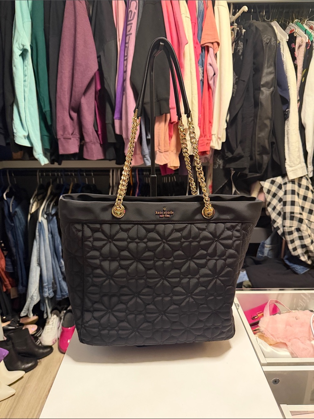 kate spade Black Quilted Floral Tote with Gold Chain Handles